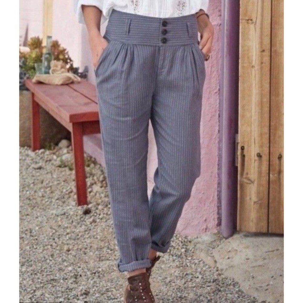 Sundance Size 8 Petite Amelia Trouser Linen Cotton Blend Striped Wide Waistband